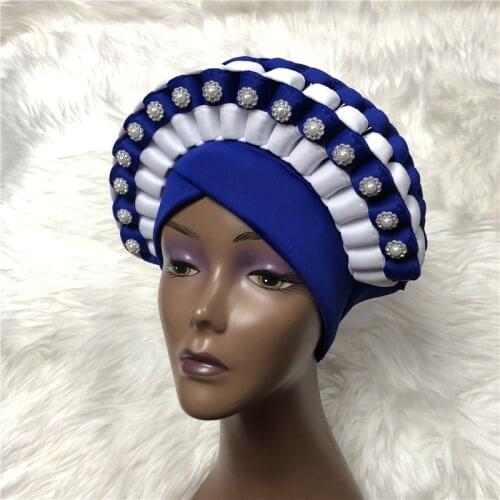 Blue Aso Oke Gele African Headtie Already Made Gele Head Wrap Ladies Hat auto headtie Muslim aso oke gele