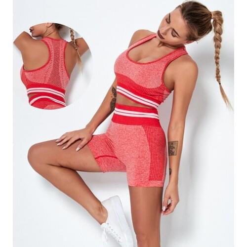 2Pcs Women Hollow Sport Suit Fitness Gym Set Sexy Bra Seamless Shorts Workout Running Clothing Gymwear Striped Athletic Yoga Set