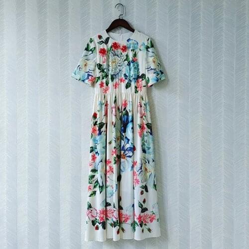 Summer 2021 Fashion runways womens diamonds beading floral print elegant dress B542