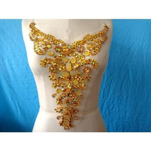 ZBROH Handmade golden sew on Rhinestones applique crystal patches with stones sequins beads 30*28cm