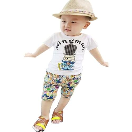 2015 new summer Korean 100% Cotton Fashion Style kids clothes baby boy/girls 1set Short sleeve + pants clothing set 0-3 year