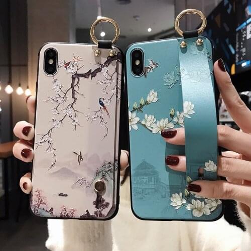 Vintage Flower Wrist Strap Case For iphone 12 11 Pro Max xs MAX XR X Phone Holder Case For iphone 7 8 plus 6 6s 11pro Back Cover