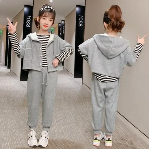 Kids Clothes Girls Hooded Short Sleeve Jackets + Striped Long Sleeve T-shirts + Loose Sport Pants 3 Piece Tracksuits for Teenage