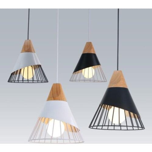 Home lighting Nordic modern minimalist dining room living room bedroom study solid wood cone angle iron pendant lights LB121410