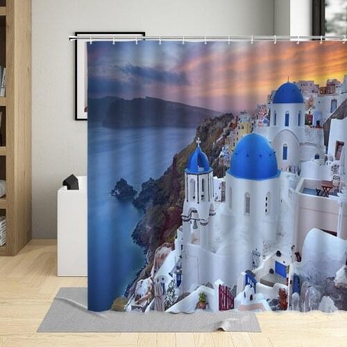 Greek Town Shower Curtains Blue Sea Island Flower Street View Oil Painting Pattern Bathroom Decor Polyester Cloth Curtain Sets