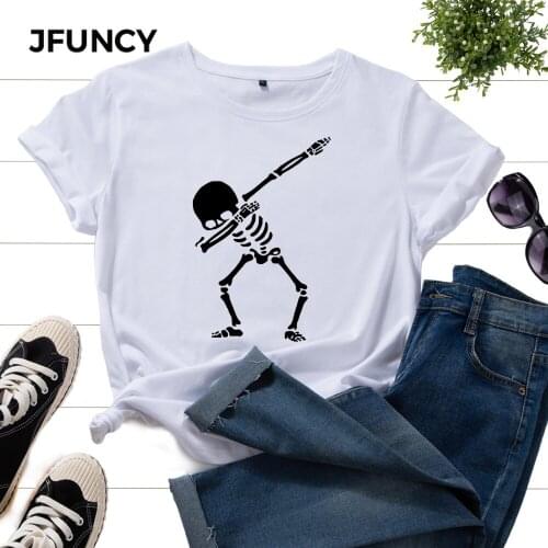JFUNCY High Quality Women Cotton Tops Skull Print Short Sleeve Tshirt Female Casual Loose Tee Shirts Oversized Woman T-shirts