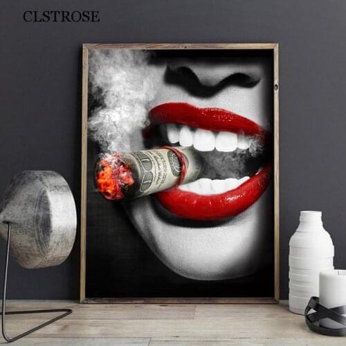 Nordic Sexy Red Lips Woman Smoking Cigarette Canvas Painting On The Wall Art Posters and Prints Living Room Decoration Picture