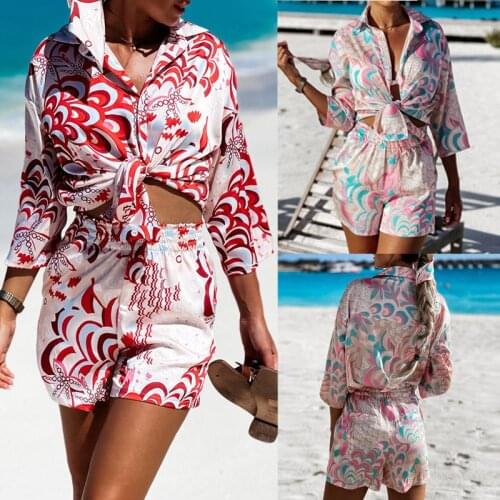 2021 Summer New Fashion Casual Suit Beach Sunscreen Suit Long-Sleeved Shirt Shorts Two-Piece Suit
