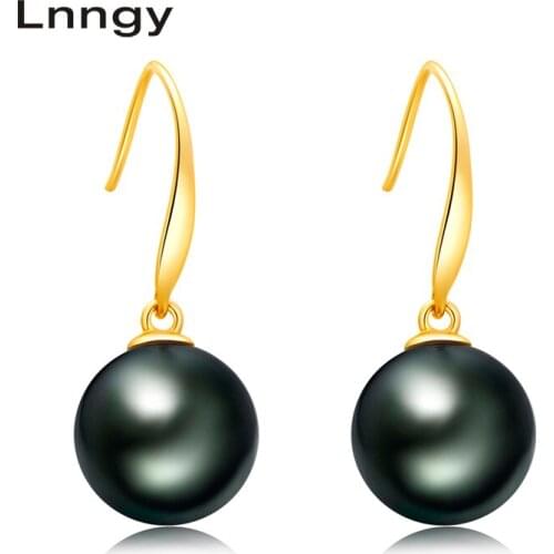 Lnngy 18K Natural Tahitian Pearl Drop Earrings 8-9mm Black Pearl Au750 Solid White/Yellow/Rose Gold Wedding Dangle Earrings