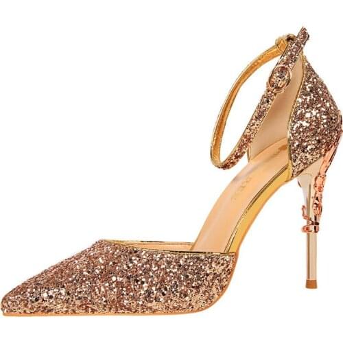 Fashion Sexy Banquet Hollow Metal Heel High-Heel Sparkling Sequined Sandals