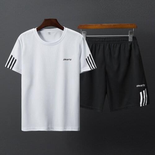 Mens Summer T-Shirt Set 2 Pieces of Sportswear Basketball Suit Fitness Short-Sleeved + Shorts O-Neck Cotton Oversize M-5Xl