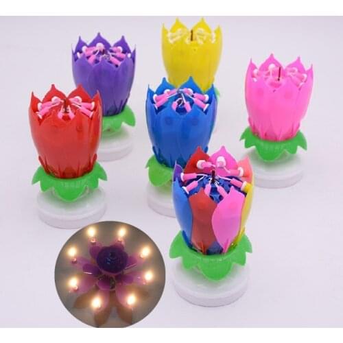 Lotus music candle Party Cake Topper Musical Lotus Flower Rotating Happy Birthday Candle
