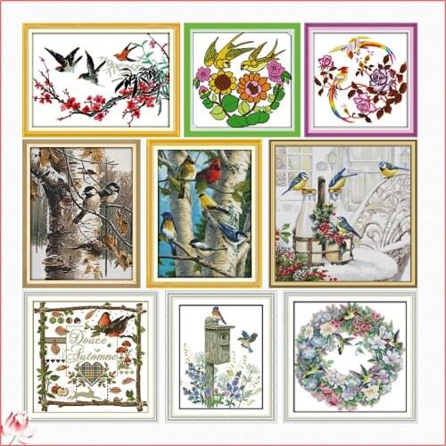 Animal Happy Birds Cross Stitch Kit 14CT 11CT Canvas Printed Fabric Embroidery Kit DIY Needlework Sewing Set Home Deco Painting