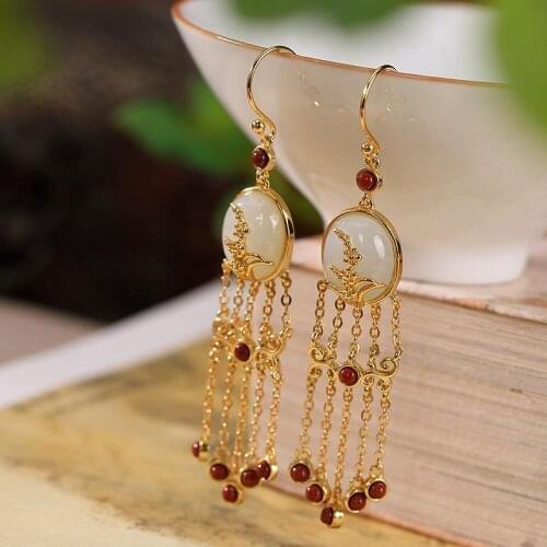 Original new natural Hetian jade matte golden oval long tassel earrings Chinese style retro ladies jewelry