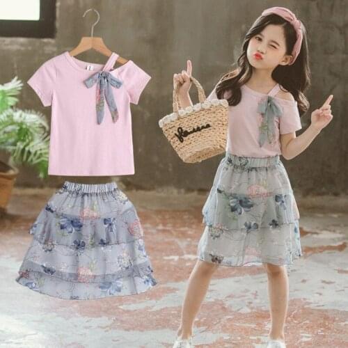 4-9 Years Children Girls Clothes Set O-Neck T-Shirt + Flower Print Skirts Summer Fashion Cotton Outfit Kids Girls Clothes Suit