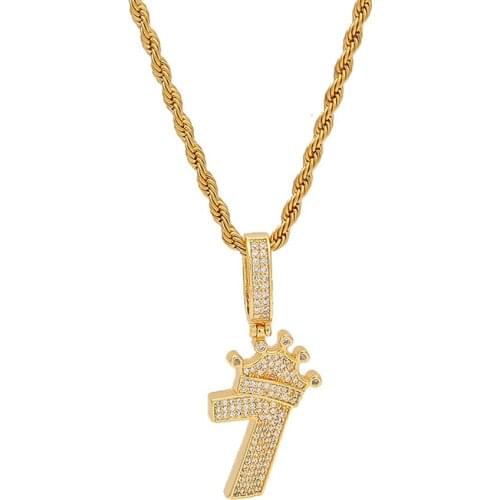 Hip Hop Mens Iced Out Gold Digital Crown Seven Pendant Necklace CZ Stones Jewelry Gift For Men Women