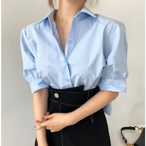 Casual Blouses and Shirts Korean Summer Pleated Design Retro Loose Blue and White Casual Shirt Short-sleeved Lazy Lapel Shirt