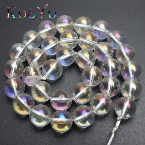 Clear Transparent Metallic Titanium Coated Natural Quartz Crystal Glass Smooth Round Loose Beads For Jewelry Making 15" 6-12mm