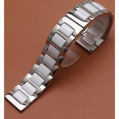 White Ceramic Watchbands wrap Polished Solid links Watch Straps Bracelets 14MM 16mm 18mm 20mm 22mm silver stainless steel buckle