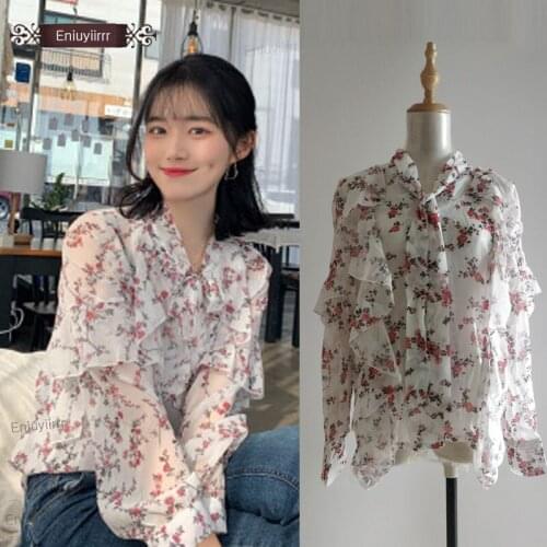 Chiffon Floral Tops Beautiful Women Long Sleeve Basic Wear Preppy Style Girls Ruffled Bow Tie White Button Blouse Shirt E811