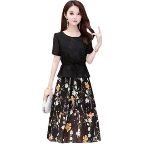 Temperament Slim Summer Women Dress Two-piece Elegant Printed Chiffon Top dress New Fashion Lady Casual Large Size Dresses OK806