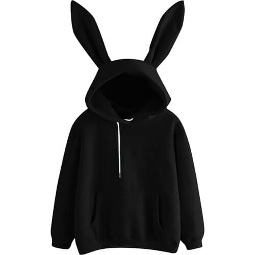 Women Kawaii Rabbit Ears Hooded Sweatshirt Daily Solid Long Sleeve Hoodies Novelty Pocket Fleece Pullover Top High Quality Hoody