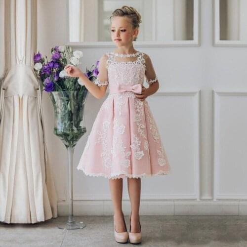 Formal Pink Short Sleeves Flower Girl Dresses Birthday Party Gown Jewel Neck Lace Appliques Knee Length First Communion Dress