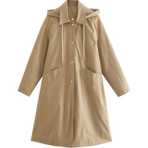 TRAF Women 2021 Fashion Solid Color Hooded Trench Coat Vintage Long Sleeve Casual Loose Pocket Windbreaker Streetwear