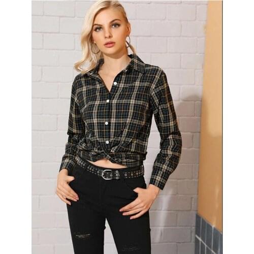 Neatie kiddie Fashion High Street Plaid Shirt for Women Single Breasted Turn-down Collar OL Blouse Female