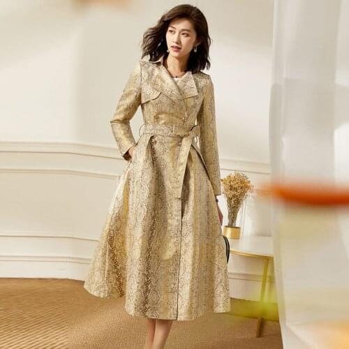 Vintage Spring Fall Women Clothes Double Breasted Golden Snake Pattern Long Trench Coat , 3xl Windbreaker Coats for Woman