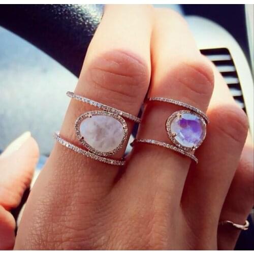 European Chic moonstones elegant H shape full finger ring for women ladies new design uneven stone fashion jewelry