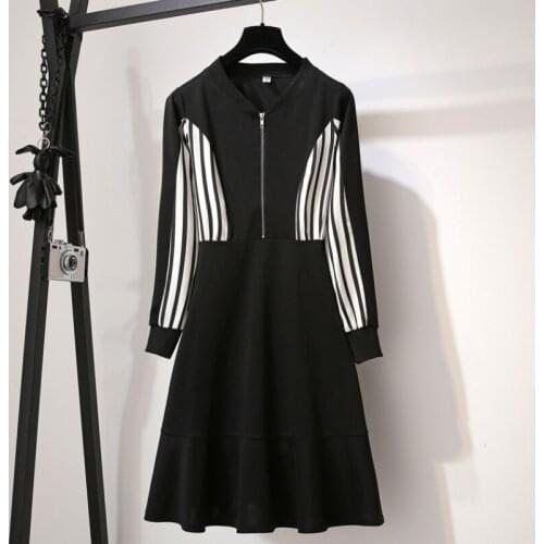 Plus Size Women Dress Striped Patchwork Casual 2020 New Zipper V-neck Long Sleeve High Waist A-Line Ruffle Dresses M-4XL