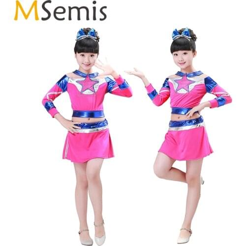 2021 Girls Cheerleaders Costumes Kids Dance Performance Outfits Long Sleeve Top Skirt Clothes Sets Girl Fancy Outfits Cosplay
