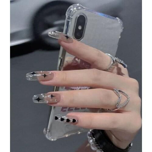 24pcs/Set Fashion Star Heart False Nails Long Color Gradient Coffin Shaped Fake Nails with Glue Acrylic Ballerina Full Tips