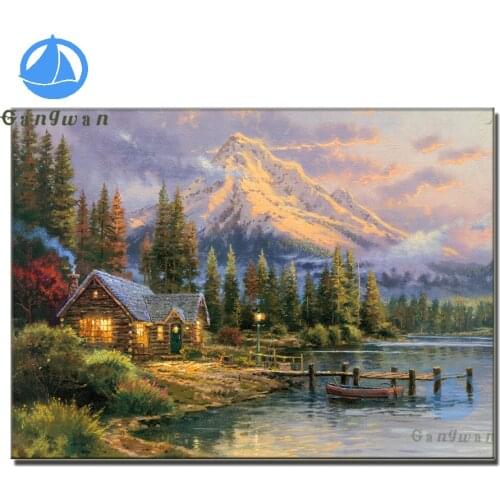 DIY 5d Diamond Embroidery Mosaic Rural cottage scenery,Handmade Full Kits Diamond Painting snow mountain tree lake Landscape art