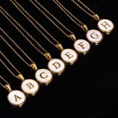 Top Quality White Shell 26 Capital Letter Mark Classic Round Pendant Necklace For Women Men Stainless Steel Chain Jewelry