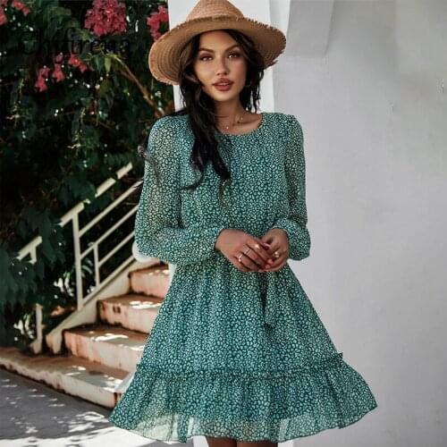 Chifirena Long-Sleeve Sexy Spring Summer Women Dress Belt Ruffle Vestido Beach Boho Chiffon Elegant Party Mini Red Dresses Woman