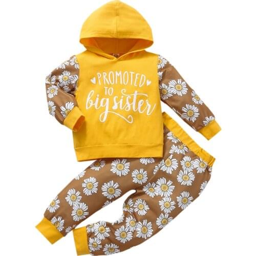 Children Baby Girls Daisy Print Clothes Set Letter Print Long Sleeve Hooded Tops Elastic Waist Trousers Baby Clothes 12M-4T