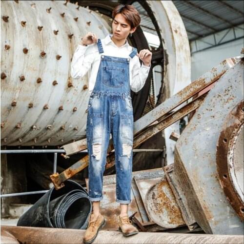 S-5xl Spring And Summer Siamese Sling Jeans Mens Japanese Hole Nine Pants Mens Korean Version Of Tooling Bib Pants