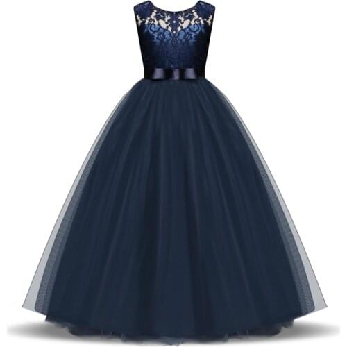 Elegant Girls Kids Solid Lace Dress Bow in Sash Long Dress For Teen Children Kid Pageant formal Party Dress Children Clothing