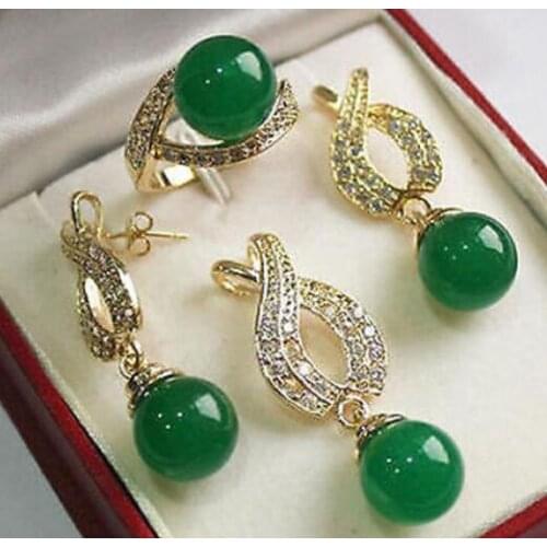 Hot! high qulity new jewelry silver plated + 12mm green jades bread pendant, earring, , ring set