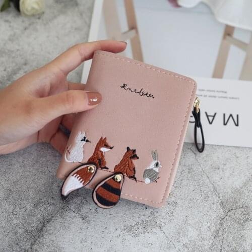 Cute Embroidered Animals Fox Women Short Wallets 2 Folding Small Money Bags Student Purse