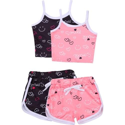 New Kids Girls Clothes Sets 2pcs Heart Printed Strapless Vest Tops Elastic Shorts 1-6Y