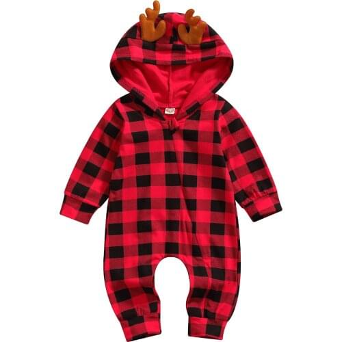 Citgeett Autumn Christmas Infant Baby Girls Boys Casual Long Sleeve Jumpsuit Plaid Print Zipper Hooded Romper Xmas Clothes