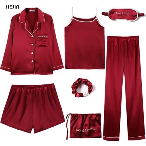7 Pieces Set Emulation Silk Elegant Women Pajamas Print Shorts Long Sleeve Top Elastic Waist Pants Full Lounge Sleepwear Sets Sp