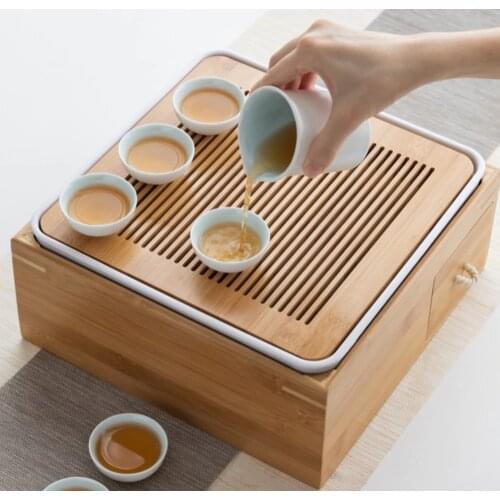 Japanese Style Kung Fu Tea Set Tray Bamboo Tea Cup Tea Pot Storage Box For Home Office Hotel Teahouse Jewelry Tea Storage Box
