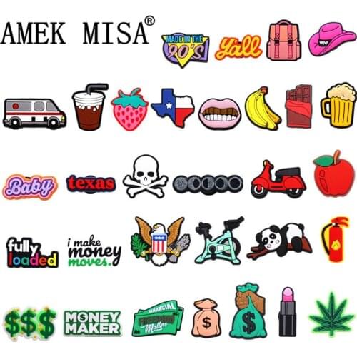 Novelty 31 Types Shoe Charms Accessories Texas Money Death Beer PVC Shoe Decoration Designer for croc jibz Kids X-mas Party Gift