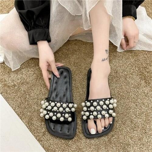 Summer PU Slippers Flat Sandals Low Slippers Womens Square Head Beaded Women Slippers Flat Shoes Women Shoes