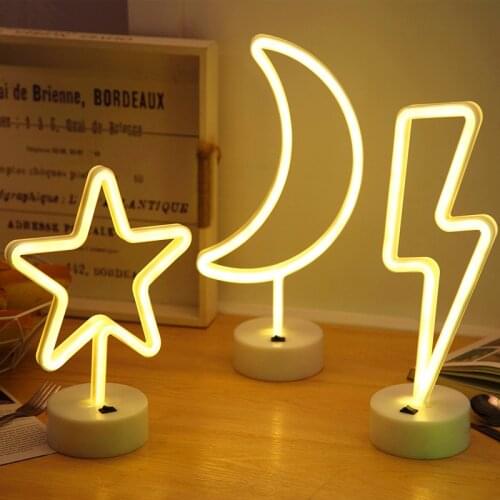 LED Neon Light Sign Star Moon Lamp LED Night Lights Decoration for Home Wedding Party Gifts Neon Lamp with Base Battery powered