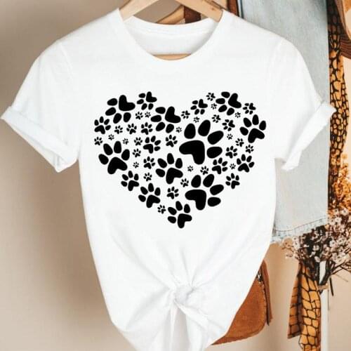 Women Clothes Cartoon Paw Dog Cat Love 2021 90s Style Summer Print Fashion Tshirt Female Short Sleeve Tee Top Graphic T-shirt